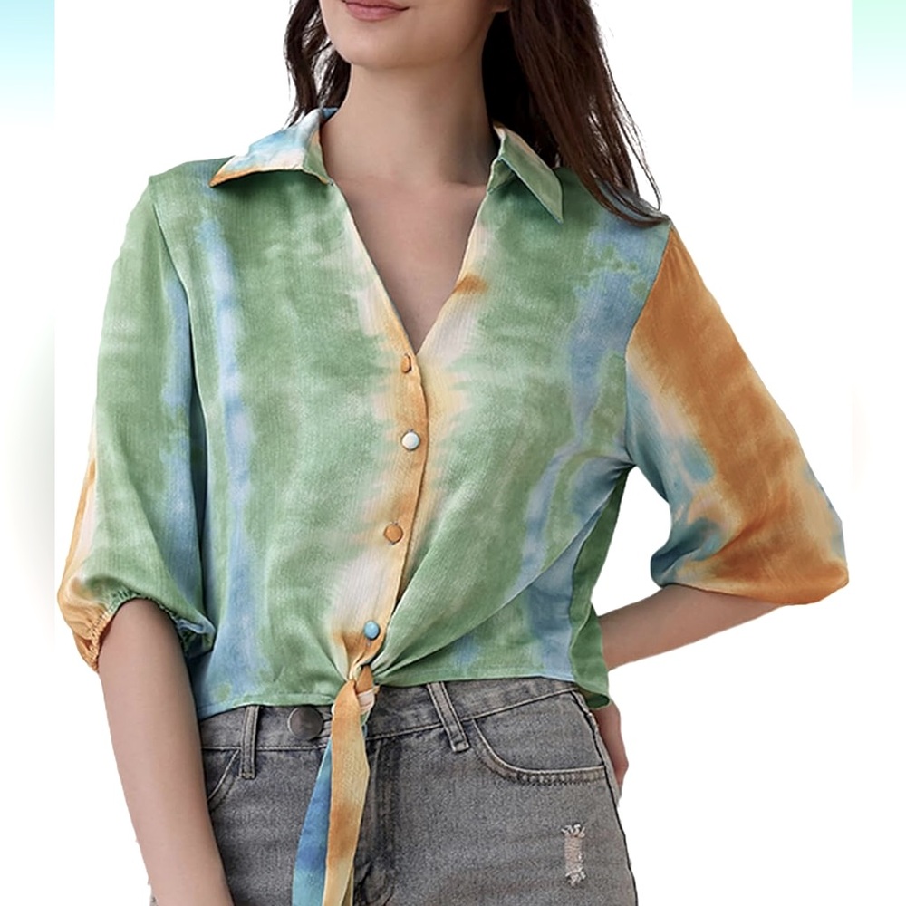 NWT Women's Tie Dye Knot Front Short Sleeve Blouse - Trendy 3/4 Sleeve, Sz Small